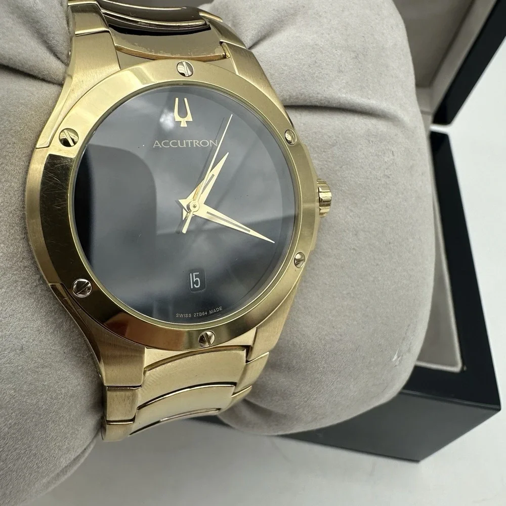 VTG 07 Accutron Belize Gold Tone Stainless Steel Watch Black Face 27B64 Ret $650